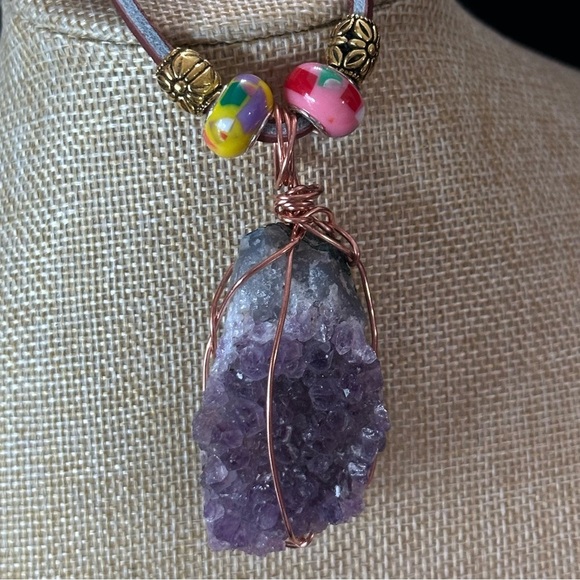 Amethyst Crystalline Wire Wrapped Stone Pendant Necklace Handmade Leather Cord - Picture 7 of 15